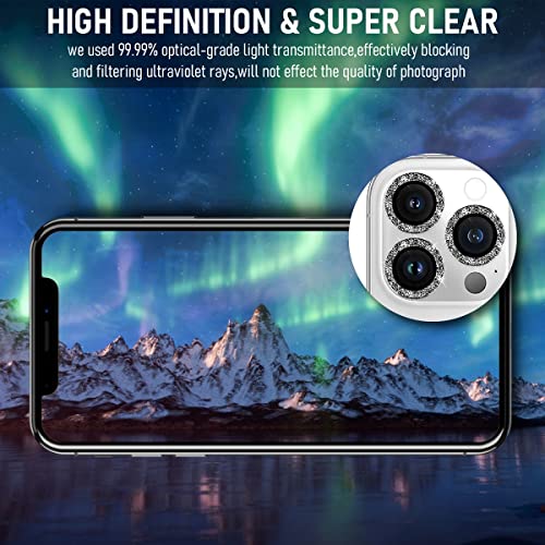 Suoman 3-Pack for iPhone 13 Pro 6.1 inch / 13 Pro Max 6.7 inch Camera Lens Protector, 9H Hardness Tempered Glass Film, [Glitter diamonds] Individual Metal Protective Cover- Silver - color: Silver