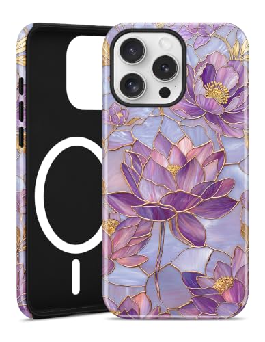 Magnetic Flower Phone Case for iPhone 17 Pro, Purple | Compatible with MagSafe, Cute Stained Glass Lotus Floral Aesthetic, TPU and PC Protective Phone Cover for Women Girls - color: Purple