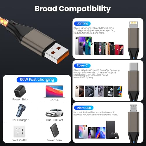 Light Up Charging Cable 66W USB C 3 in 1 Charger Cable RGB LED Light Up Glowing Light Up Charging Cable iPhone Cord 4 FT Multi Cable with Light for iPhone 16/15/14/13/12Series/iPad Pro/Samsung/Pixel