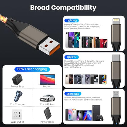 Light Up Charging Cable 66W USB C 3 in 1 Charger Cable RGB LED Light Up Glowing Light Up Charging Cable iPhone Cord 4 FT Multi Cable with Light for iPhone 16/15/14/13/12Series/iPad Pro/Samsung/Pixel