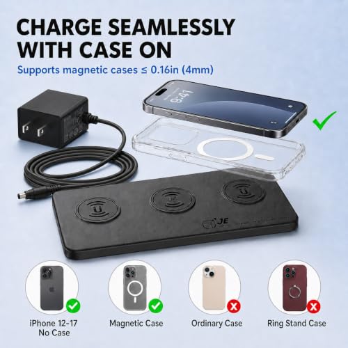 3 in 1 Magnetic Wireless Charger Pad for iPhone 17/16/15/14/13/12 Series, Fast Wireless Charging Station for AirPods 4/3/2 Pro, Raised Charging Pods Design, Magnetic Charging Mat with 24W Adapter