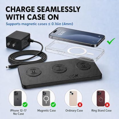3 in 1 Magnetic Wireless Charger Pad for iPhone 17/16/15/14/13/12 Series, Fast Wireless Charging Station for AirPods 4/3/2 Pro, Raised Charging Pods Design, Magnetic Charging Mat with 24W Adapter