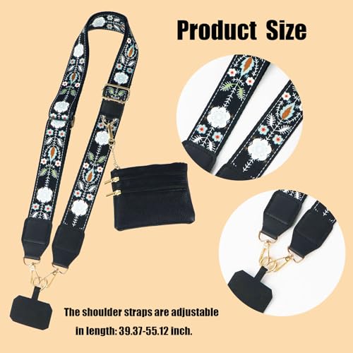 1Pack Canvas Phone Strap Crossbody Phone Strap Adjustable Anti Theft phone Lanyard for Women Phone Bags ID Cards - color: Black Flower