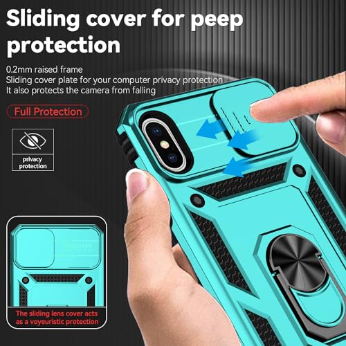 for iPhone XS Max Case with Camera Lens Cover HD Screen Protector, Dual Layer Military Grade Drop Protection Magnetic Ring Holder Kickstand Protective Phone Case for iPhone XS Max 6.5 inch (Mint) - color: Mint with camera cover Military-Grade 2nd gen
