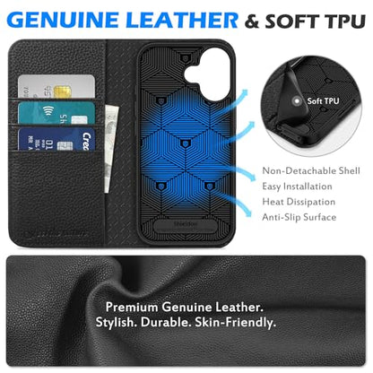 SHIELDON Genuine Leather Case Wallet for iPhone 17 6.3" 2025, Pebbled Black | Magnetic Closure, RFID Blocking, Credit Card Slot, Viewing Stand, Foldable Design, Shockproof TPU Phone Cover - color: Pebbled Black