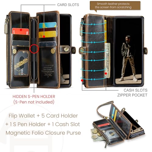 Defencase for Samsung Galaxy Z Fold 6 Wallet Case with Card Holder, Coffee | Durable Soft PU Leather, RFID Blcking Zipper Pocket, with S-Pen Holder & Strap, Flip Phone Cases with Stand for Women Men - color: Coffee