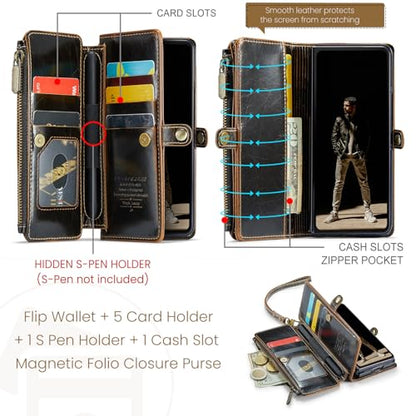 Defencase for Samsung Galaxy Z Fold 6 Wallet Case with Card Holder, Coffee | Durable Soft PU Leather, RFID Blcking Zipper Pocket, with S-Pen Holder & Strap, Flip Phone Cases with Stand for Women Men - color: Coffee