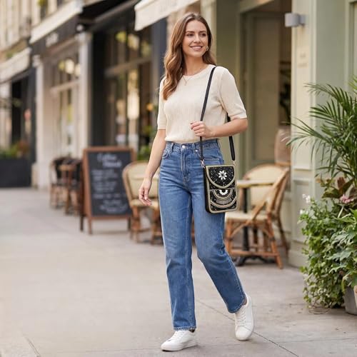 Small Crossbody Bags for Women, Cell Phone Shoulder Bag Boho Wallet Purse - color: Black-white