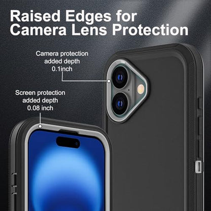 YKHJKLEC for iPhone 16 Case, Military Grade 3 in 1 Heavy Duty Shockproof/Drop Proof/Dust Proof Case with 2Pcs Tempered Glass Screen Protector (Black/Grey) - color: Black/Grey