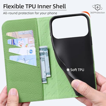 VISOUL Pebbled Leather Wallet Case for iPhone 17 Pro Max 6.9" 2025, Genuine Leather Flip Folio Cover with RFID Blocking Card Holders, Kickstand, Soft TPU Protective Flip Cover -Dark Green+Green - color: Dark Green+Green