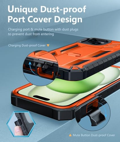 FNTCASE for iPhone 15 Case with Belt Clip and Built-in Screen Protector | Rugged Kickstand, 20FT Military-Grade Drop Protection, Full Body Heavy Duty Shockproof Holster, Hard Protective Cover - color: Orange