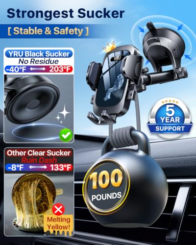 YRU【True Military-Grade Safety & Patent Certs】360°Rotation Car Phone Holder【100+LBS Strong Suction & Clip】Windshield Dash Vent Cell Phone Mount Cradle for iPhone17 16 Pro Max Truck Samsung, Black Blue - color: Black Blue