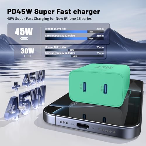 QZIIW iPhone 17 16 15 Pro Max Fast Charger,45W Dual Port USB C Fast Charger - color: Green, size: 3FT+6FT+10FT+10FT