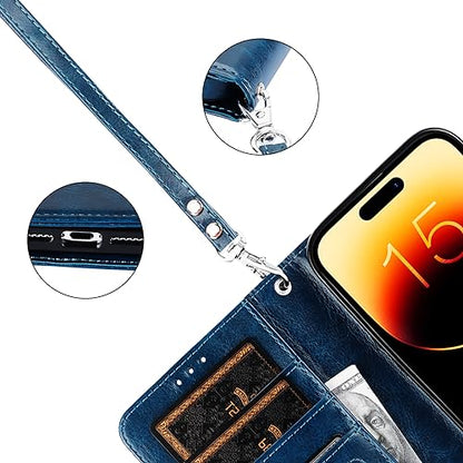 Bocasal Detachable Wallet Case Card Holder for iPhone 15, Blue | RFID Blocking Kickstand Card Slots Holder PU Leather Magnetic Shockproof Wrist Strap Removable Flip Protective Cover 6.1 inch - color: Blue