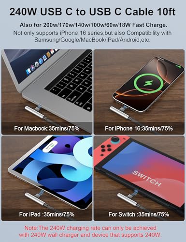 10FT USB C Cable Fast Charging,Extra Long USBC to USBC Cable,Black - color: Black, size: 10FT/3M