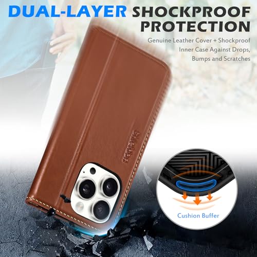 SHIELDON Genuine Leather Flip Wallet Case for iPhone 16 Pro, Retro Brown | RFID Blocking, Credit Card Holder, Magnetic Closure, Kickstand, Folio Design, Soft Shock-Absorbent Phone Cover - color: Retro Brown