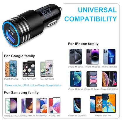 USB C Car Charger Fast Charging for iPhone 17e/16e/17 Pro Max16/15/Pro/Max
