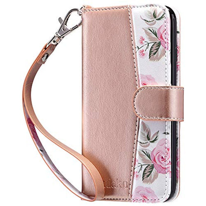 ULAK for iPhone SE 3(2022)/SE(2020)/8/7 Wallet Case Card Holder, Rose Gold | Premium Floral PU Leather Flip Case with Kickstand Card Slots,RFID Blocking,Wrist Strap, Durable Shockproof Cover 4.7 Inch - color: Rose Gold