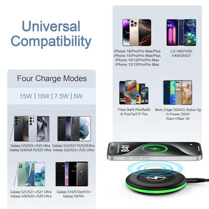 Samsung S25 Wireless Charger Fast Charging Pad Android Charger for Samsung Galaxy S26 S25 Ultra/S24/S23/S22/S21/S20/iPhone 17/16 Pro 15W Fast Wireless Phone Charger Station for Pixel 10 Pro XL/9/9a/8