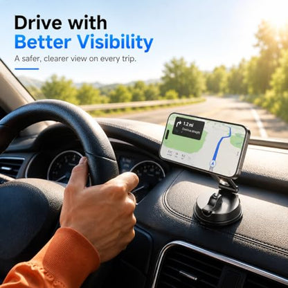 Magnetic Car Phone Mount for Dashboard Windshield - Heavy Duty MagSafe Compatible Holder with 20 N52 Magnets, Long Foldable Arm, 360° Rotation, Suction Cup Base for iPhone & Android