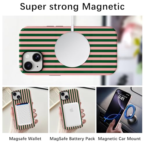 Skyseaco Compatible with iPhone 15 Case with MagSafe, Cute Striped Phone Case for Women Girls, Soft TPU + Hard PC Dual Layer Shockproof Glossy Protective Cover, Pink and Green - color: Pink and Green, size: iPhone 15