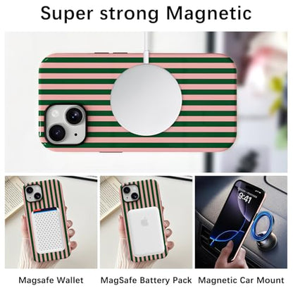 Skyseaco Compatible with iPhone 15 Case with MagSafe, Cute Striped Phone Case for Women Girls, Soft TPU + Hard PC Dual Layer Shockproof Glossy Protective Cover, Pink and Green - color: Pink and Green, size: iPhone 15