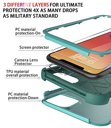 Diverbox for iPhone 11 Case [Shockproof] [Dropproof] [Tempered Glass Screen Protector],Heavy Duty Protection Phone Case Cover for Apple iPhone 11 (Teal-3in1) - color: Teal-3in1