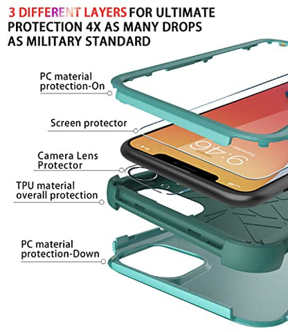 Diverbox for iPhone 11 Case [Shockproof] [Dropproof] [Tempered Glass Screen Protector],Heavy Duty Protection Phone Case Cover for Apple iPhone 11 (Teal-3in1) - color: Teal-3in1