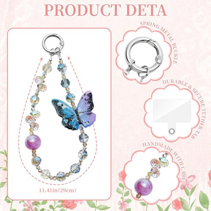 WOZEAH Phone Charm for Women, Beaded Wrist Strap Lanyard with Tether Tab – Anti-Theft Hands-Free Detachable Phone Chain Wristlet - color: Purple-blue Butterfly