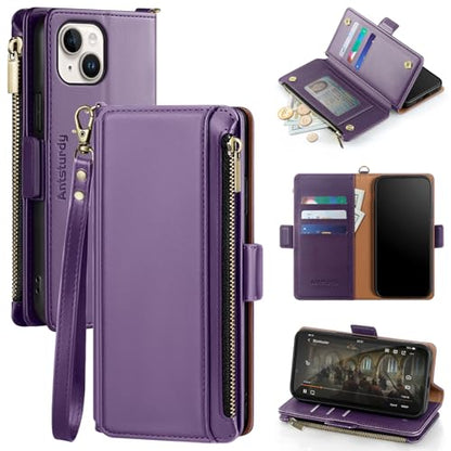 Antsturdy for iPhone 14 Phone Wallet Case Women,Purple | Shockproof RFID Blocking PU Leather Flip Cover Kickstand Zipper Card Holder Slots with Wrist Strap - color: Purple