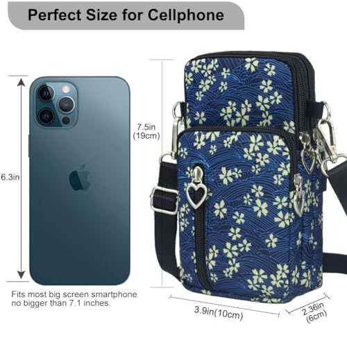 Small Crossbody Bag for Women, Multi Zip Pockets Nylon Wallet Purse Credit Card Holder with Detachable Hand Strap - color: Blue/Floral pattern