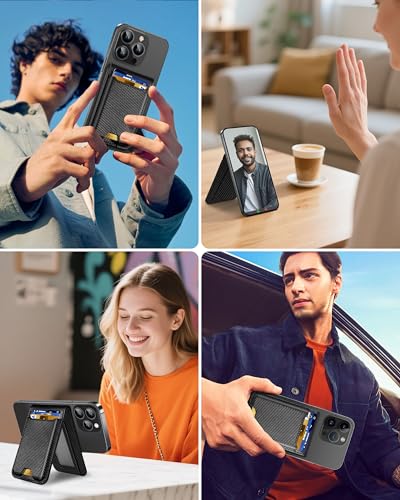 For Magsafe Wallet Stand, 6 Cards Holder, RFID Blocking | Strongest Magnetic Wallet for iPhone 17/16/15/14/13/12 Series, Adjustable Stand, ID Window, Vegan Leather, Black Carbon Fiber - color: Black Carbon Fiber