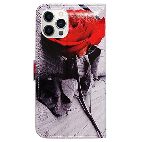Bcov Case for iPhone 13 Pro, Red Rose Flower Leather Flip Phone Case Wallet Cover with Card Slot Holder Kickstand for iPhone 13 Pro - color: Red Rose