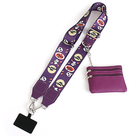 Phone Strap with Zippered Pouch, Clip and Go Strap for Phone with Wallet Crossbody - color: Halloween-dark Purple