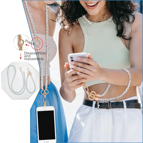 Crystal Phone Strap Crossbody Rhinestone Anti Theft Layered Strap Crossbody Gold Metal Buckles Cell Phone Neck for Women (White) - color: White