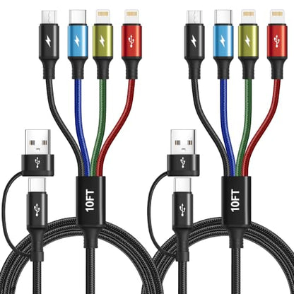 6 in 1 Multi Charging Cable, USBA/C Universal Charging Cords, 2 Pack 10Ft - color: Black A/C 10ft 2-Pack