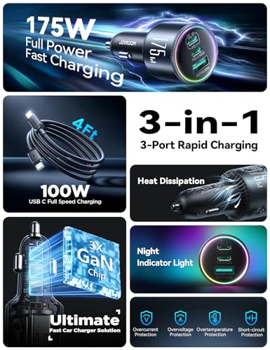 JOYROOM 175W Super Fast Car Charger, 3-Port Car Charger USB C Fast Charge