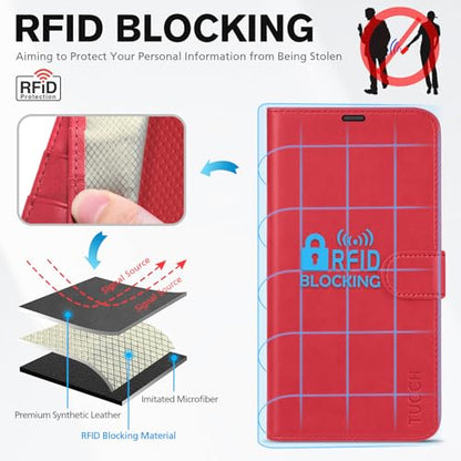 TUCCH Wallet Case for iPhone 14 (6.1") 2022, 4 Card Holders, Red | RFID Blocking, Viewing Stand, Shockproof TPU Shell, PU Leather, Magnetic Closure, Protective Folio Flip Cover - color: Red