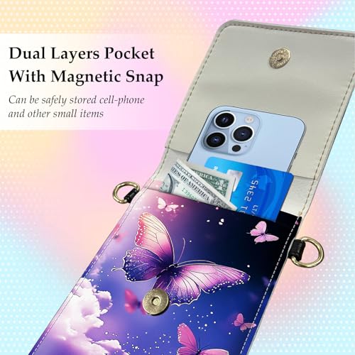 Small Crossbody Bags for Women Touchscreen Cell Phone Bag Cross Body Purses with adjustable Strap,Gifts For Teenage Girls - color: Purple Butterflies Blue Sky