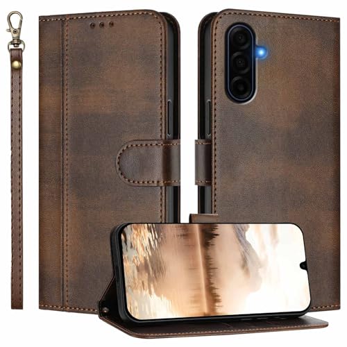 for Galaxy A17 5G Phone Case Wallet and Wrist Strap (Brown) | Card Holder Slots, PU Leather, Flip Cover, Magnetic Closure, Kickstand, Folio Protective, for Samsung A17 Case - color: Brown