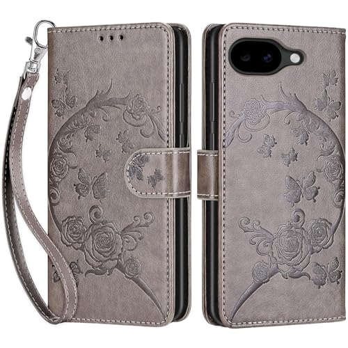 for Google Pixel 10a Wallet case, Gray Flower | 3 Card Holders, Kickstand, Shockproof TPU Shell, PU Leather, Magnetic Closure, Protective Flip Folio Cover, Women - color: 9
