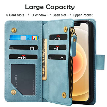 RANYOK Wallet Case Compatible with iPhone 13/14 (6.1 inch), Premium PU Leather Zipper Flip Folio Wallet RFID Blocking with Wrist Strap Magnetic Closure Built-in Kickstand Protective Case (Baby Blue) - color: Baby Blue