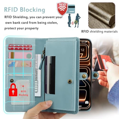for Wallet Case Compatible with iPhone 17 Pro,Multi-Function Detachable 2 in 1 Magnetic iPhone 17 Pro Case Wallet,Flip Strap Zipper Card Holder Phone Case with Shoulder Straps (Blue) - color: Blue, size: iPhone 17 Pro