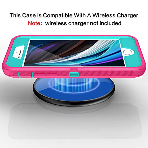 MXX Case Designed for iPhone SE Case 2020 /SE 2022 Heavy Duty Protective with Screen Protector [3 Layers] Rugged Rubber Protection Cover & Rotating 360 Degree Belt Clip SE 3rd/2nd Gen(Pink/Light Blue) - color: Pink/Light Blue