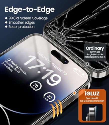 iGluz 4-Pack Privacy Screen Protector for iPhone 16, iPhone 15, and iPhone 14 Pro (6.1"), 25° Anti-Spy Tempered Glass, 9H Hardness, 12FT Drop Resistant, Auto-Align Installation Frame, 3D Curved Edges