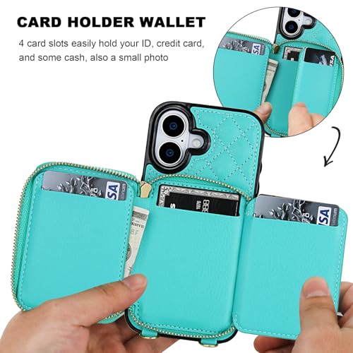 Bocasal Crossbody Wallet Case Card Holder for iPhone 17, Mint Green | RFID Blocking PU Leather Zipper Handbag Purse, Kickstand Flip Folio Case with Card Slots Holder Wrist Strap Lanyard 6.3 Inch - color: Green