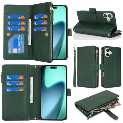 Wallet Case Compatible with iPhone 17 with Wrist Strap,2025 Release Purse for Women Men,[9 Card Slots] Card Holder Zipper Cash Pocket Magnetic Leather Cover,6.3 inch Dark Green - color: Dark Green, size: iPhone 17