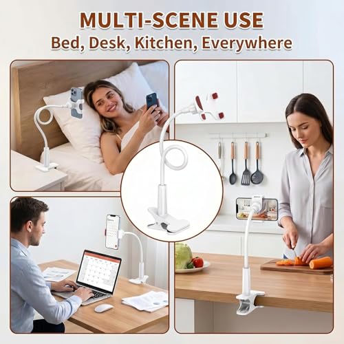 Gooseneck Phone Holder, 27.5" Flexible Phone Holder for Bed Desk, 360° Rotation Cell Phones Stand with Clamp, Heavy Duty Bracket for Bedside Living Room/White - color: White