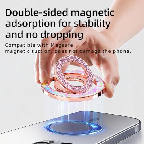 Bling Phone Ring Holder, Crystal Magnetic Phone for MagSafe Grip with 360° Rotating Adjustable Kickstand, Double Magnetic Ring Stand for iPhone 16/15/14/13/12 Series, Silver - color: silver
