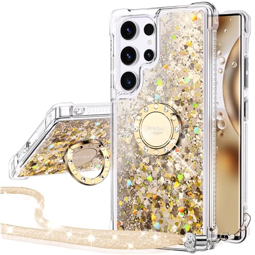 Silverback for Samsung Galaxy S25 Ultra Case with Ring Stand, Clear Gold | Moving Liquid Holographic Sparkle Glitter, Kickstand, Bling Diamond Ring, Cute Protective Cover for Women Girls - color: Gold, size: Galaxy S25 Ultra